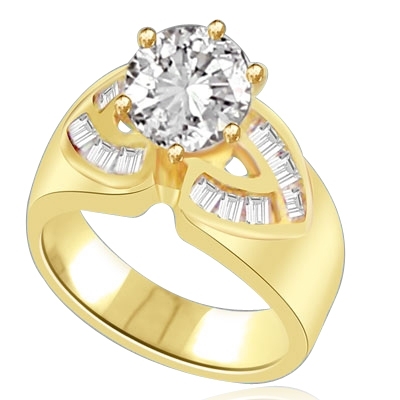 Resplendent 14k Solid Yellow Gold ring With 2.0 cts. round Diamond Essence centerpiece and channel set Princess Cut Diamond Essence Stones on each side, 2.6 Cts. T.W.