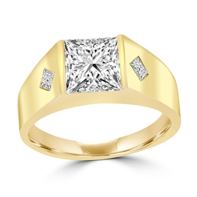 14K Solid Yellow Gold  man’s wide ring with a hefty channel-set 1.25 ct. Square cut masterpiece and twin satellites inlayed below in the wide gold band. 1.35 cts. t.w.