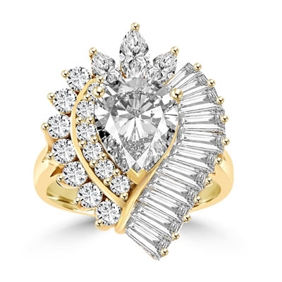 Prong Set Cocktail Ring with Artificial Pear and Marquise Cut Diamonds,  Baguettes and Round Brilliant Melee by Diamond Essence set in 14K Solid Yellow Gold