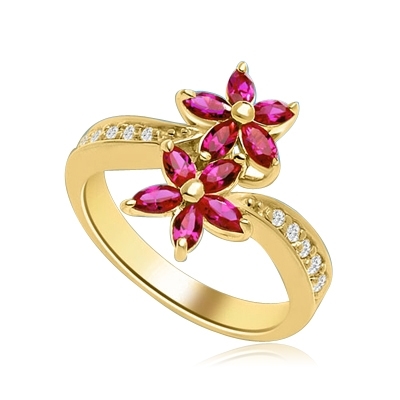 Dual Flowers - Curvy Band shines bright and Ruby Oval Flower Cluster sits pretty in this unique design. 2 Ct. T.W. In 14K Solid Yellow Gold.