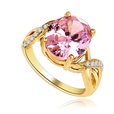 Diamond Essence Designer Ring with 5.0 Cts. Pink Oval  in center, accompanied by melee on band, 5.65 Cts.T.W. set in 14K Solid Yellow Gold.