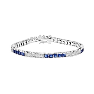 Diamond Essence and Sapphire Essence princess cut tennis bracelet, each stone of 0.20 ct. set in alternate group of 5 stones. 10.4 cts.t.w. in Platinum Plated Sterling Silver.