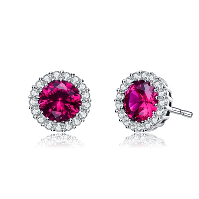 Diamond Essence Halo Setting Platinum Plated Sterling Silver Earrings, with 1 Ct. each Ruby Essence surrounded  by Brilliant Melee, 2.25 Cts.T.W.