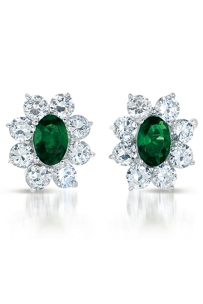 Prong Set Floral Studs with Simulated Oval Cut Emerald and Brilliant Melee Diamonds by Diamond Essence set in Sterling Silver