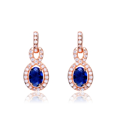 Designer Earring with 1.0 CT Sapphire Essence in the center. Round brilliant melee on the bail and surrounding center stone with interwined design. 2.75 cts.t.w. in Rose Plated Sterling Silver. ( Matching Pendant item# SEC6600SR)