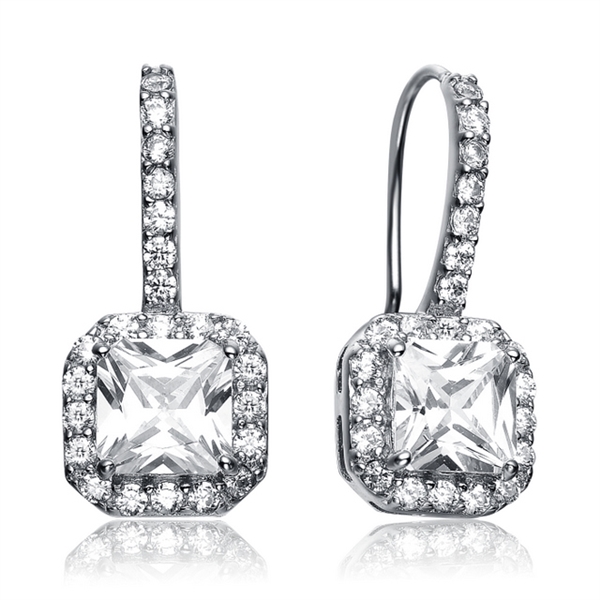 Prong Set Euro Wire Sterling Silver Earrings with Diamond Essence Princess cut and Round cut stones.