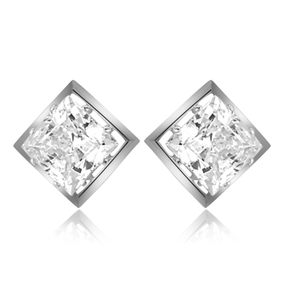 Classic square studs of Diamond Essence  princess cut stones, 2.0 ct. each set in Platinum Plated Sterling Silver, 4.0 cts.t.w.