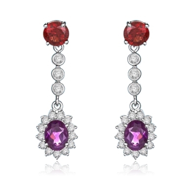 Bezel Set Designer Earrings with Oval Cut Amethyst with Round Cut Garnet and Brilliant Melee Diamonds by Diamond Essence set in Sterling Silver