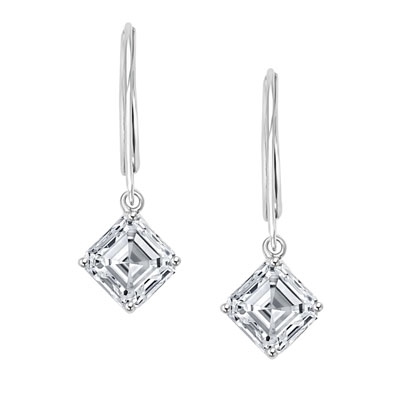 Asscher Cut Leverback Earrings. 2.0 Cts. T.W. set in Platinum Plated Sterling Silver.