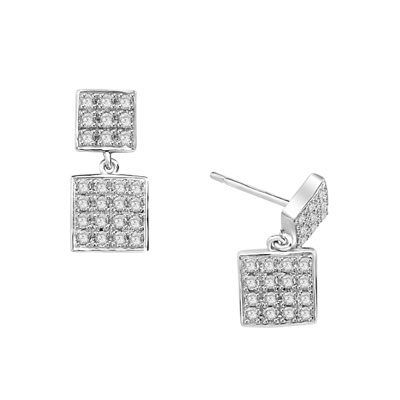 Square double dangle earrings set with round accents on both drops. 1.5 Cts. T.W. set in Platinum Plated Sterling Silver.
