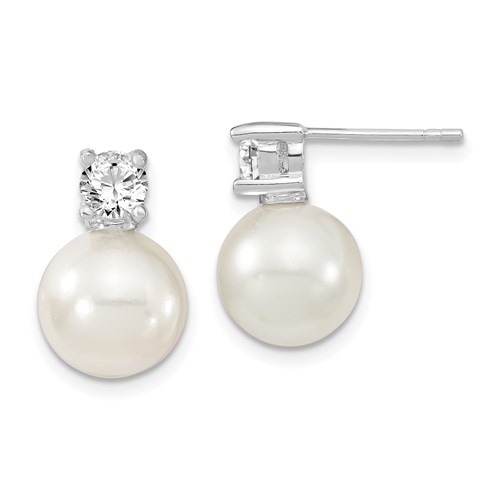 Diamond Essence Designer Earring with round brilliant Diamond and 10 mm fresh water Cultured Pearl. Perfect for all occasions, 0.5 Cts. T.W. in Platinum Plated Sterling Silver.