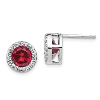 Diamond Essence Stud Earrings With Ruby Essence Round Brilliant Stone Escorted By Brilliant Melee In Platinum Plated Sterling Silver.