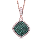 Diamond Essence Designer Pendant with Emerald Essence melee in pave setting, outlined with Diamond Essence melee,0.75 Cts.T.W in Rose Plated Sterling Silver.