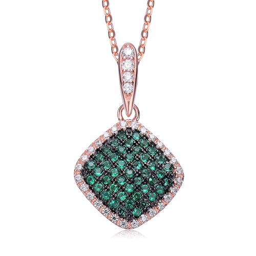Diamond Essence Designer Pendant with Emerald Essence melee in pave setting, outlined with Diamond Essence melee,0.75 Cts.T.W in Rose Plated Sterling Silver.