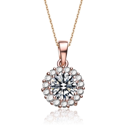 Diamond Essence 1.5 carat Round Brilliant stone surrounded by Diamond Essence melee, 2.0 cts.t.w. set in Rose Plated Sterling Silver. Just perfect for everyday wear. Chain not included.