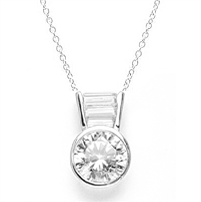 Diamond Essence Slide Pendant with 3.0 ct Round stone and Baguettes, 3.5 ct.tw. in Platinum Plated Sterling Silver.