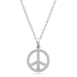 PEACE Sign Pendant. Platinum Plated Sterling Silver Pendant, channel set Round Brilliant Diamond Essence stones sparkling bright and spreading peace everywhere. 1.00 ct.t.w.