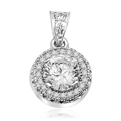 Pendant with Round Brilliant Diamond Essence in Center, surrounded by Melee 1.25 Cts T.W. set in Platinum Plated Sterling Silver.