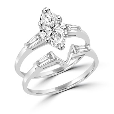 wedding set with 1.25 ct marquise cut diamond in silver ring