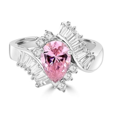 A beautiful designer ring. Diamond Essence Pink Pear cut stone of 2.5 carat supported by round brilliant melees and artistically curved shank with brilliant baguettes gives an extraordinary look and compliments. Must have one. 4.80 cts.T.W.