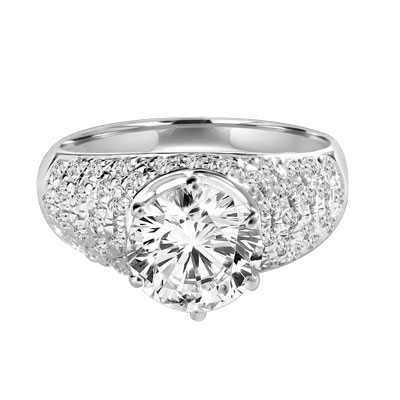 Heirloom - Brilliant Ring with 3 Cts. Round Diamond Essence Store atoning a fanfare band of Pave Set Melee Stones on each side. 3.25 Cts. T.W. set in Platinum Plated Sterling Silver.