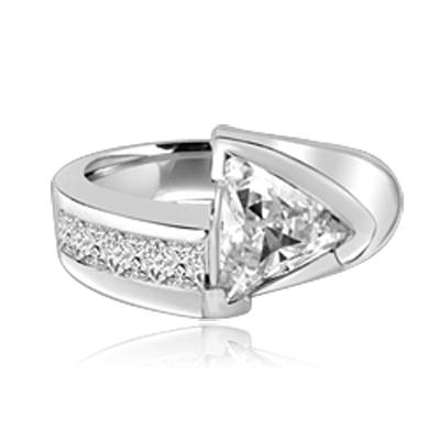Meet the Star! Graduating Diamond Essence Brilliants ascend to kiss the beauty of shining 4 Cts. Trilliant set exquisitely on channels forming a design to behold. 4.75 Cts. T.W. in Platinum Plated Sterling Silver.