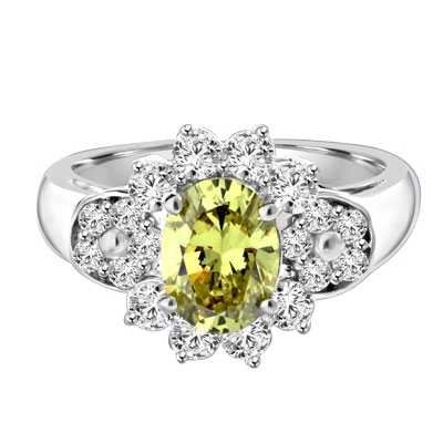 Floral Ring - 1.25 Cts. Oval cut Peridot Essence set in center with Round brilliant Diamond Essence on top and bottom and cluster of Melee, making floral design, on either side of band. 2.0 Cts. T.W. set in Platinum Plated Sterling Silver.