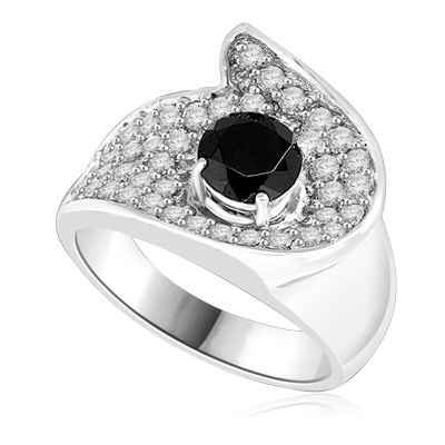 Big and Beautiful Ring With Round Cut Onyx Essence set in center surrounded by sparkling Melee. 2.0 Cts. T.W. set in Platinum Plated Sterling Silver.