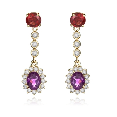 Bezel Set Designer Earrings with Oval Cut Amethyst with Round Cut Garnet and Brilliant Melee Diamonds by Diamond Essence set in Vermeil