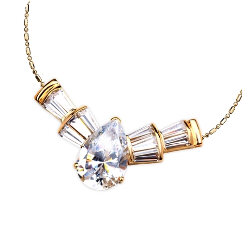 Astonish everyone with this magnificent display of 7.25 Cts. Pear cut Diamond Essence in Center, with 5 lovely baguettes tapering on each side. Marvelous! 10.0 Cts.T.W. attached with Chain in 14K Gold Vermeil.