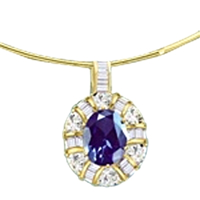 14K Gold Vermeil pendant with a 5.0 ct. Oval cut Sapphire Essence masterpiece inside a ring of the en-kindled by channel set Diamond Essence tapped baguettes and trillion cut masterpieces. All hang beguilingly from a bail flashing with channel set baguett