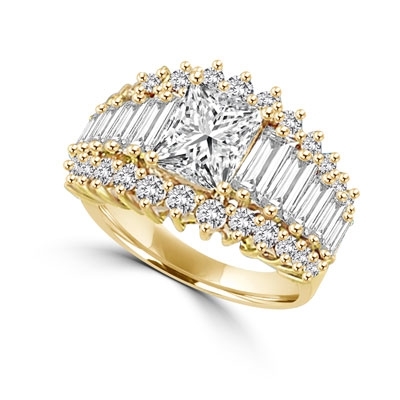 Gold Vermeil ring, 3.0 cts.t.w. with 2.0 cts. emerald cut radiant center with baguettes and round radiating stones.