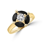 Ring - round-cut diamond is surrounded by marquise-cut black onyx