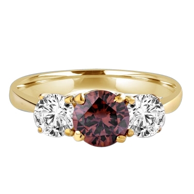 Diamond Essence Three stone Ring with 1.0 ct. round Chocolate Essence center and 0.5 ct. Round Brilliant stones on each side, 2.0 Cts. T.W. set in 14K Gold Vermeil.
