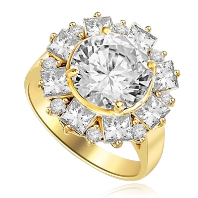 Diamond Essence Designer Ring With Round Brilliant Diamond Essence in center surrounded by alternately set Princess  and melee. 7.25 Cts. T.W. set in 14K Gold Vermeil.
