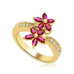 Dual Flowers - Curvy Band shines bright and Ruby Oval Flower Cluster sits pretty in this unique design. 2 Ct. T.W. In 14k Gold Vermeil.