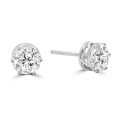 Basket Set Stud Earrings with Artificial Round Diamond by Diamond Essence set in 14K White Gold