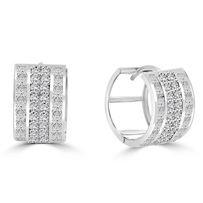Diamond Essence 14K Solid White Gold Huggies, with Four Rows of Princess and Round Melee, 3.0 Cts.T.W.
