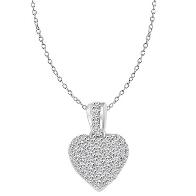 Craftman's delight Heart Pendant with micro pave set Diamond Essence accents shining your love like never before. There are tiny accents on the bale to highlight the overall glory effect. 2.5 Cts. T.W. set in 14K Solid White Gold.