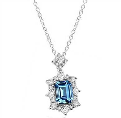 Diamond Essence emerald cut aquamarine stone, surrounded by melee and square cut aquamarine stones, 4.50 cts.t.w. set in 14K Solid White Gold. (Chain not included).