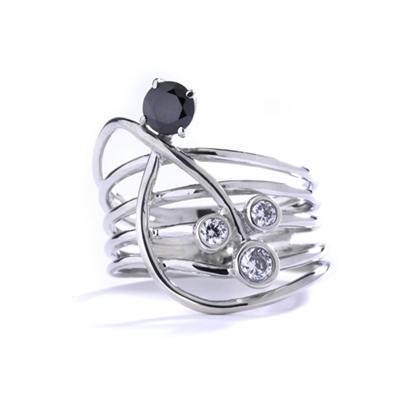 Diamond essence Designer Ring with Bezel set Round Brilliant and Onyx stones, 1.0 cts. T.W. set in 14K Solid White Gold.