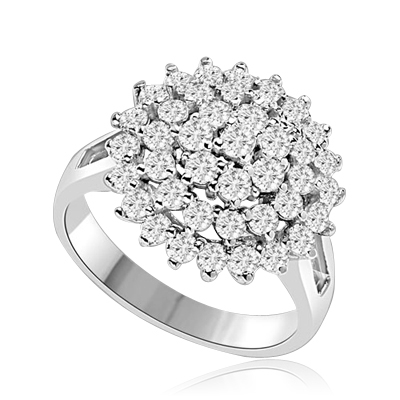 Artistic Flower Cluster Ring that is soaring in poularity. You will sparkle in this sheer brilliance of 4 Cts. T.W. Accents set on Wide Band. In 14k Solid White Gold.