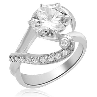 A designer ring with 2.5 Ct. Round White Brillaint Stone Sitting Pretty on a Curvacious Band. In 14k Solid White Gold.