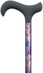 Ladies Cane Violet Burlwood Carbon Fiber derby cane with black soft touch handle and checker style band