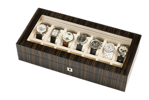 Dark Ebony Wood Watch Box which is lockable and can store up to seven watches