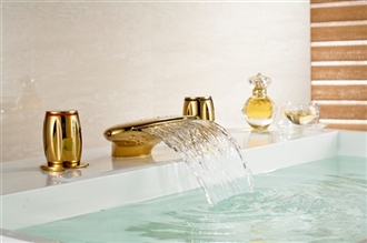 Waterfall Bathroom Basin Sink Gold Finish Dual Round Handle Bathroom Faucet