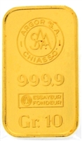 Argor S.A Chiasso 10 Grams 24 Carat Gold Bullion Bar 999.9 Pure Gold