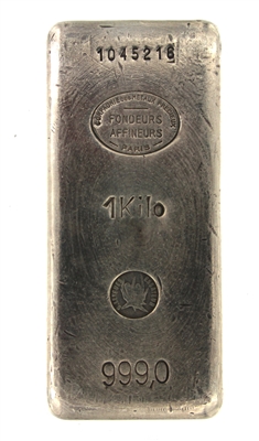 Compagnie des MÃ©taux PrÃ©cieux Paris 1 Kilogram Cast 24 Carat Silver Bullion Bar 999.0 Pure Silver