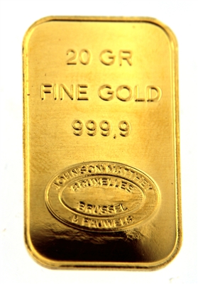 Johnson Matthey & Pauwels - Kredietbank S.A Luxembourgeoise 20 Grams Minted 24 Carat Gold Bullion Bar 999.9 Pure Gold