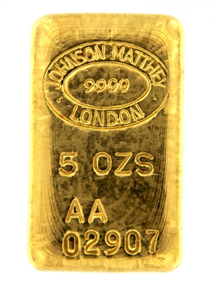 Johnson Matthey & Republic National Bank of New York 5 Ounces Cast 24 Carat Gold Bullion Bar 999.9 Pure Gold